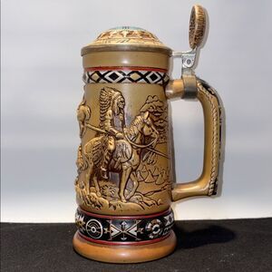 Avon Ceramic Stein with Native American Motif - Tan and Black